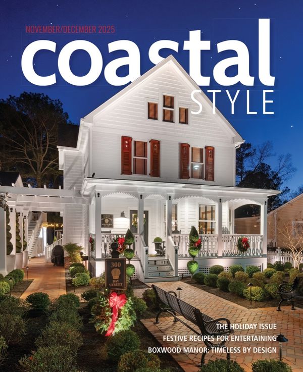 Coastal Style Nov/Dec 2025 cover: a white farmhouse lit for the holidays at dusk.