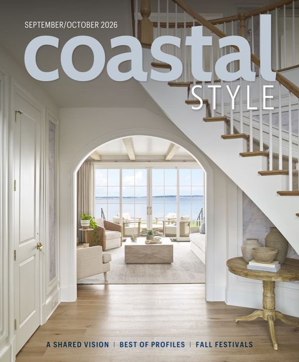Coastal Style Sept/Oct 2026 cover: a white staircase above an arched doorway onto a bayfront room.